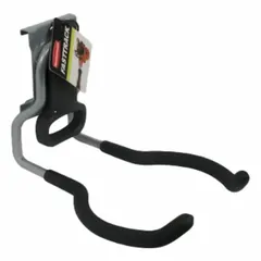 Steel hook for wall-mount track systems, designed to hold power tools. Measures 7.8 in x 7.4 in x 5.4 in with a 50 lb load capacity. Satin nickel finish. Includes mounting hardware. Suitable for organizing tools in workshops, garages, and storage areas.