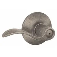 Privacy lever lockset for interior doors requiring locking privacy, such as bathrooms or bedrooms. ANSI F76 function allows locking from inside with turn button; outside remains unlocked for emergency access. Accent style with nickel-plated, blackened, relieved, and clear coated brass finish. ADA compliant; not ligature-resistant