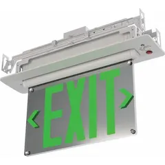 Universal-mount edge-lit exit sign with white thermoplastic housing and green LED text. Includes removable chevrons for directional indication and emergency battery backup for operation during power loss. Suitable for commercial and industrial facilities requiring code-compliant exit marking.