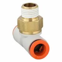 This SMC push-fit tee fitting is made from polybutylene and brass with a white finish. It accommodates 3/8 in OD tubing and is used to create branch connections in pneumatic or fluid systems. The push-fit design allows for tool-free installation