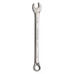 Alloy steel construction with a chrome finish. Features an 11/32 in head size and 5 3/8 in overall length with an offset design. Suitable for tightening or loosening fasteners in industrial maintenance, automotive repair, and mechanical assembly.