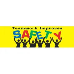 Indoor/outdoor banner printed on one side with the message 'Teamwork Improves Safety Make Safety A Team Goal!'. Made of poly sheeting, it measures 28 in x 96 in. Suitable for use in industrial facilities, warehouses, and construction sites to promote safety awareness.