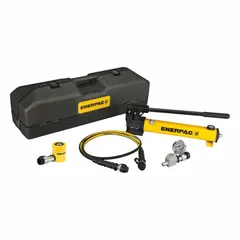 This lifting set combines an RCS101 cylinder with 11-ton nominal capacity and 1-1/2 in stroke with a P392 hand pump. Includes HC9206C coupler. Used for hydraulic lifting in industrial maintenance, construction, and manufacturing where controlled load positioning is required.