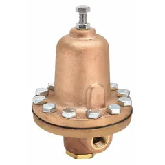 This bronze general purpose pressure regulator features 3/4 in FNPT x FNPT connections and is rated for inlet pressures from 40 psi to 500 psi with a maximum temperature of 180°F. It is used to reduce and stabilize pressure in commercial water, steam, and air systems requiring corrosion resistance and precise control.