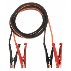 This clamp jumper cable features 4 AWG wire gauge and a 20 ft length, with spring clamp grip jaws and crimped cable connections. The black/orange jacket provides visibility. Suitable for jump-starting vehicles and equipment in fleet and maintenance settings.