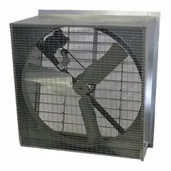 This belt-drive slant-wall exhaust fan features a 48 in blade driven by a 1 hp totally enclosed air-over motor, delivering 21,100 cfm at 115/230V AC single-phase. The galvanized steel frame resists corrosion. Typical applications include agricultural ventilation for livestock barns and greenhouses, where it removes heat, moisture, and airborne particles.
