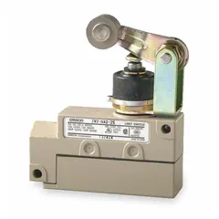 The OMRON ZV2N222S is a top-mount roller-plunger limit switch with metallic roller actuator and momentary operation. It features screw terminals and stainless steel construction. This switch is used for position sensing in industrial machinery, such as conveyors and packaging equipment, where mechanical actuation is required.