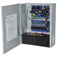 This power supply board with enclosure converts 115V AC input to selectable 12VDC or 24VDC output at 6A. It features eight fused outputs for individual circuit protection and is housed in a steel enclosure. Typical applications include powering access control systems, security devices, and fire alarm equipment.