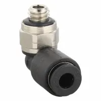Nylon and nickel-plated brass push-to-connect tube fitting with a 90-degree elbow configuration. Connects 1/8 in OD tubing to a #10-32 male UNF threaded port. Overall length 17/32 in. Supplied in a 10-pack. Suitable for pneumatic systems and instrumentation