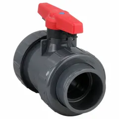PVC straight ball valve with socket x socket ends, rated for 235 psi CWP. Features a locking tee handle for secure flow control. Used in PVC piping systems for on/off or redirecting flow in water treatment, chemical processing, and irrigation applications.