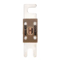 Bolt-on, very-fast-acting fuse rated 400 A at 80 V DC. Indicating type for quick visual identification of blown fuse. Used for overcurrent protection in DC circuits such as forklift limiters and material handling equipment.