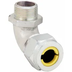 Steel 90° cable grip with silver finish, 3/4 in MNPT box connection, and yellow color-coded grommet. Accepts cord diameters from 0.63 in to 0.75 in. Rated IP66 and Class II, Division 1 & 2 for hazardous locations. Used to secure and seal liquid-tight flexible metal conduit or cord at a box entry in industrial environments.