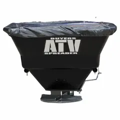Broadcast spreader for ATVs, constructed from steel and poly. Gravity-fed and powered by the vehicle battery. Mounts via hitch for distributing salt, sand, or seed.