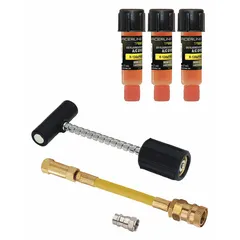 This UV leak detection kit is designed for use with R-134a automotive air conditioning systems. It includes a 0.25 oz cartridge of A/C dye for R-134a/PAG, an R-134a hose coupler, and a purge fitting. The dye circulates with the refrigerant and glows under UV light to pinpoint leak sources.