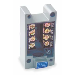 Metallic receptacle for limit switches with EN50041 body, 2 mounting holes, and 2NO/2NC contacts. Features 1/2"-14 NPT conduit entry and screw-clamp terminal connections. Used in industrial automation to house and protect switch mechanisms in applications such as manufacturing, packaging, and material handling.