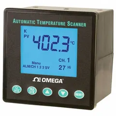 10-point automatic temperature scanner with LCD display, 0.56-inch digit height. Accuracy ±0.15% of reading ±1°C. Includes RS-232 interface and SPDT relay rated 5 A at 250 V AC. Powered by 9 V DC via included AC adapter. Suitable for sequential monitoring of multiple temperature inputs in industrial processes.