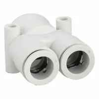 Polybutylene terephthalate push-fit wye fitting in white. Connects three tubes with outer diameters of 12 mm, 12 mm, and 16 mm. Used to split or combine tubing lines in pneumatic systems