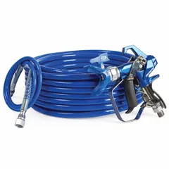 This GRACO airless spray gun kit is designed for applying coatings, lacquers, paints, and stains. It features a 1/4 in NPSM air inlet and a 10 in to 10 in tip range. The aluminum construction includes a 1/8 in x 4.5 ft BlueMax II Airless Whip Hose. Suitable for industrial finishing, maintenance painting, and contractor applications.