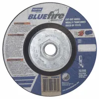 This NORTON BlueFire RightCut cut-off wheel is a Type 27 depressed center wheel measuring 4-1/2 inches in diameter, 1/16 inch thick, with a 5/8-11 arbor. It features 24-grit zirconia alumina abrasive for cutting carbon and stainless steel. Common applications include fabrication, maintenance, and metalworking tasks requiring fast, cool cuts with minimal burr