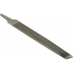 Tapered single-cut rectangular file with bastard cut and natural finish. Measures 8 inches length without tang, 3/4 inch width, 1/8 inch thickness. Used for precision metal shaping, deburring, and finishing in machining and toolmaking applications.