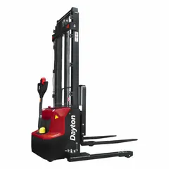 Hydraulic lift stacker with 126 in maximum lifting height. Forks are 42 in long by 3 15/16 in wide, adjustable from 10 in to 31-1/2 in width across forks. Straddle is adjustable for different load configurations. Used for lifting and moving palletized loads in warehouses and distribution centers.