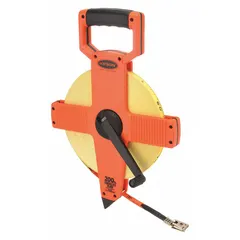 Manual open-reel long tape measure with a fiberglass blade. Features double-sided scale with 2 mm and 1/100 ft graduations, nonmagnetic double hook end, and a plastic case. Suitable for measuring distances in construction, surveying, and engineering applications.