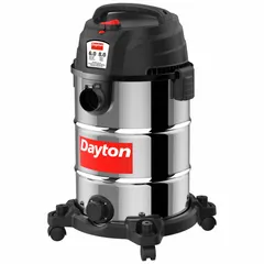 This DAYTON heavy-duty vacuum features a stainless steel tank for wet/dry pickup. It includes a 12 ft hose with 1 7/8 in diameter. Typical applications include industrial cleanup of debris, liquids, and dust in plant environments.