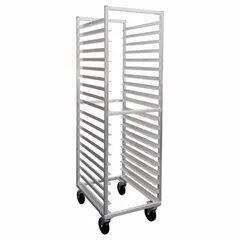 Light-duty end-loading pan rack with 20 slots spaced 3 in apart for full-size 14 x 18 in pans. Measures 20 1/2 in wide, 69 3/4 in high, 26 in deep. NSF Certified. Does not include top or nesting capability. Used in commercial kitchens and foodservice for storing, proofing, cooling, or transporting sheet pans.