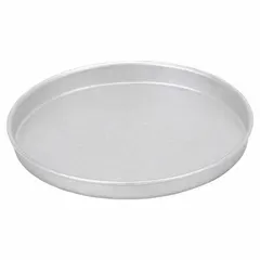 This 14 in diameter round cake pan is made of uncoated aluminized steel with a closed bead closure. The solid pan provides even heat distribution for baking round cakes in commercial kitchens. Silver finish.