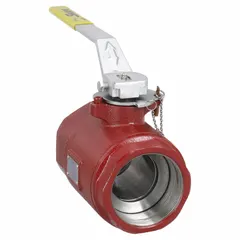 This SHARPE ball valve features a ductile iron body with FNPT x FNPT connections and a standard port ball port. The straight-pattern design includes a locking lever handle for manual on/off flow control. Suitable for use in industrial piping systems handling water, oil, gas, and other non-aggressive media.