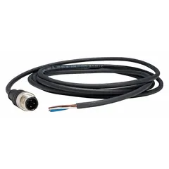Single-ended cordset with a black PUR jacket designed for twisting applications. Features an M12 male straight connector on one end and bare wire on the other, with 4 pins, 18 AWG wire, and 2 m cable length. Rated IP65 and supports a maximum current of 3 A. Suitable for connecting sensors and actuators in industrial environments with twisting motion, moisture, or dust.
