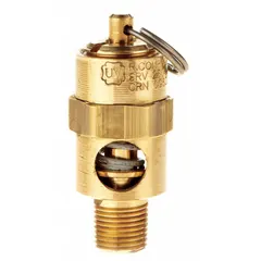 Brass-bodied pneumatic safety valve with silicone soft seat for overpressure protection. Features 1/8 in male NPT inlet and 1/8 in female NPT outlet. Used on compressed air systems, receivers, and pneumatic lines to prevent pressure buildup.