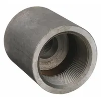 Steel pipe fitting with female NPT threaded connections on both ends. Rated for maximum operating pressure of 2,000 psi at 150° F. Used to connect two female NPT threaded pipes in a straight line for industrial fluid or gas systems