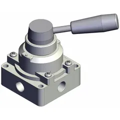 Manual air control valve with lever actuator and side-ported body, two-position configuration. Ports are 1/4 in BSPT. Maximum operating pressure is 1 MPa. Used to start, stop, or redirect compressed air flow in pneumatic systems.