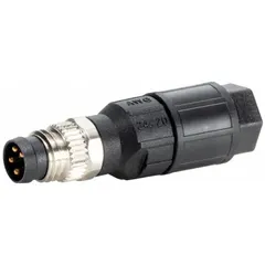 Field-wireable M8 circular connector with 3 pins, A-coding, and IDC wiring for quick termination. Features a straight screw connection, IP67 protection, and PA housing. Rated 60V DC. Suitable for sensor and actuator connections in industrial environments.