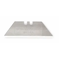 Steel replacement blades for utility knives. Each blade has a straight edge and standard tip. Blade width 23/32 in, thickness 0.024 in. Suitable for cutting cardboard, plastic strapping, and packaging materials.
