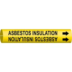 Yellow snap-on pipe marker with black legend reading 'Asbestos Insulation' and directional arrows. Fits pipe outer diameters from 1-1/2 to 2-3/8 inches. Used to identify pipes containing asbestos insulation in industrial and commercial facilities.