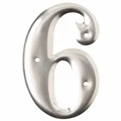 Silver aluminum label with uppercase Roman character 6 or 9, 3 in character height, 2 in overall width. Pack of 10. Used for identifying utility poles in electric, telecom, and municipal infrastructure applications.