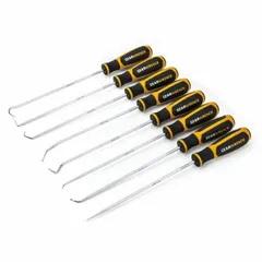 This set includes steel hook and hook-tip tools with an ergonomic plastic handle. Used for retrieving, positioning, or removing O-rings, seals, gaskets, and small parts in confined spaces. Suitable for automotive repair, machinery maintenance, and assembly-line tasks requiring precise hook and pick actions.