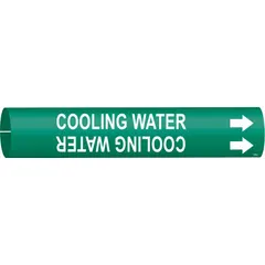 Green snap-on pipe marker with white 'Cooling Water' legend and directional arrows. Fits pipe outer diameters from 2-1/2 to 3-7/8 inches. Supplied as a single marker for identifying cooling water lines in industrial piping systems.