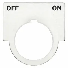 Half-round legend plate with brushed aluminum construction and metallic gray finish. Features English 'Off-On' legend and tab attachment. Designed for 30 mm panel mounting in industrial control stations to label push-button functions.