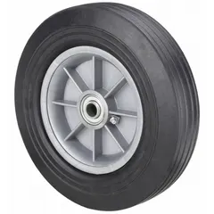 Flat-free solid rubber wheel with a 9 7/8 in diameter and 1 7/8 in width. Supports a 550 lb load capacity. Features a plastic hub. Suitable for industrial carts, dollies, and light-duty material handling equipment on smooth surfaces.