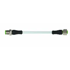 Double-ended cordset with M12 male straight and M12 female straight connectors. 4-pin, 22 AWG wire, 10 m cable length. Gray PUR jacket resists oils, chemicals, and abrasion. Rated IP66K for protection against dust and high-pressure water jets. Suitable for connecting sensors, actuators, and industrial devices in twisting or flexing applications.