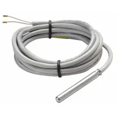 Hardwired temperature sensor with remote cable mounting, housed in a metal conduit box. Features a stainless steel sensing element for single measurement applications. Temperature range -40°F to 212°F with ±0.90°F accuracy. Compatible with building automation systems for HVAC and refrigeration control.