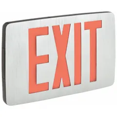 This aluminum exit sign features LED illumination with red text on a black housing. It includes universal field selectable chevrons for directional indication and a nickel cadmium battery backup for emergency operation. Designed for ceiling or wall mounting, it operates on 120/277 V AC and provides two visible faces for clear egress marking in commercial and industrial settings.