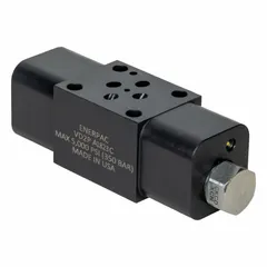Double pilot-operated check valve with steel body. Rated for 5,000 psi and 15 gpm. Inlet connection is SAE O-Ring Boss; outlet connection is SAE O-Ring. Used in hydraulic circuits requiring load holding and controlled flow reversal, such as clamping and press systems.