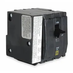 Three-phase bolt-on miniature circuit breaker rated 15 A at 120/240V AC, 3 poles, with a maximum interrupting rating of 10kA at 120/240V AC. Designed for use in Square D NQOD panelboards to provide overcurrent and short-circuit protection in commercial and industrial electrical distribution systems.