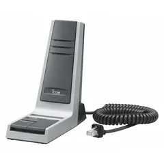 Desktop microphone for ICOM F5022 series radios. Features push-to-talk operation and pre-amplified audio for clear transmission. Connects via modular connector with a 12-inch cord. Suitable for dispatch and control room communication.