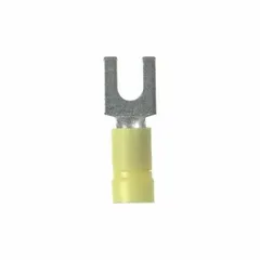 Yellow vinyl-insulated fork terminal from the EV10 series, featuring a funnel-entry barrel for simplified wire insertion. Rated for 600 V and designed for #8 stud sizes. Suitable for use in control panels, machinery, and power distribution systems.