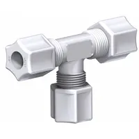 This JACO union tee is a polypropylene compression tube fitting designed to branch tubing lines in plumbing systems. It accommodates 5/8 in OD tubing on all three ports and is sold as a 5-pack. The fitting is NSF 14 Listed for potable water compliance